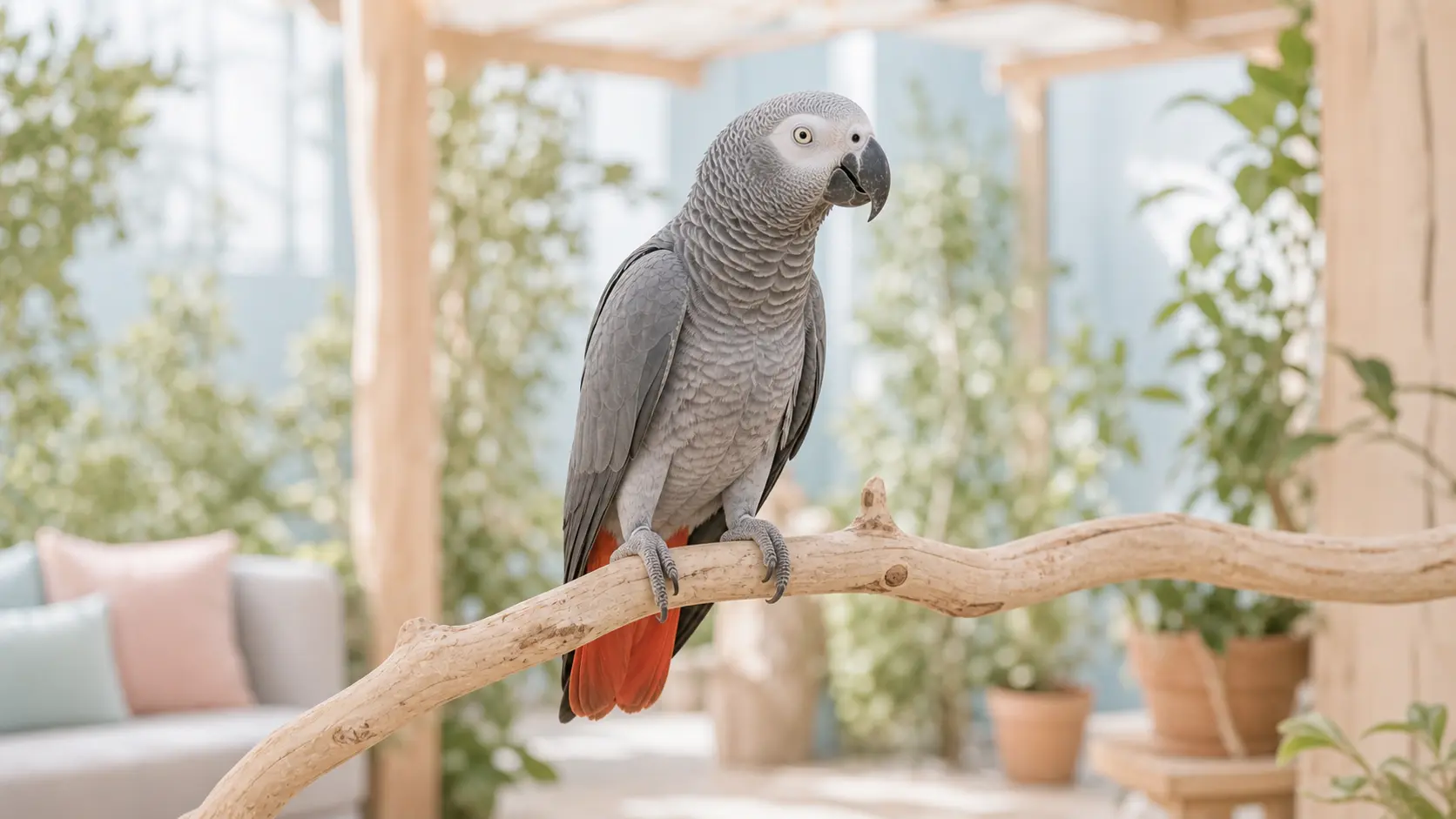 Żako kongijskie na naturalnej żerdzi w jasnej wolierze
